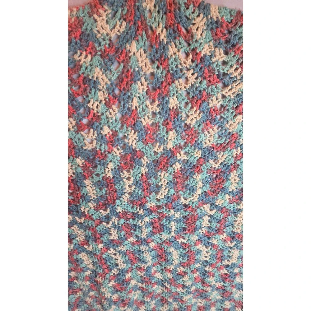 Vintage Handmade Crochet Throw Blanket Variegated Teal Burgundy Cream 56x56 Boho